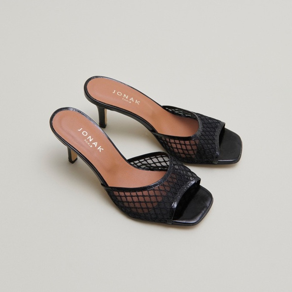 Jonak Voile Heeled Mules – Black Leather & Mesh | Size 9 | NWOT